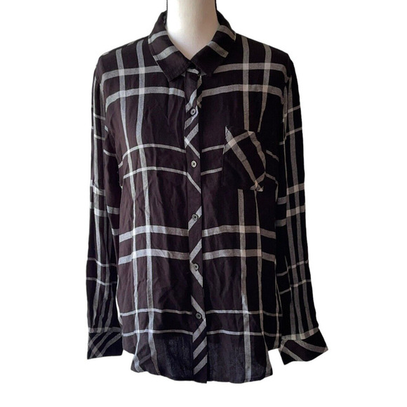 Rails Size L Black and White Plaid Soft Rayon Button Front Long Sleeve Top - Picture 1 of 10